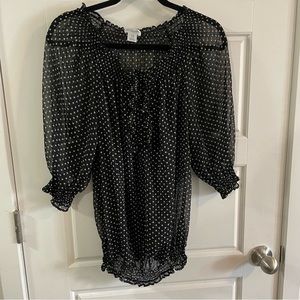 Motherhood Maternity PolkaSheer BlackTop Blouse Women 3/4 Balloon Sleeve Size M